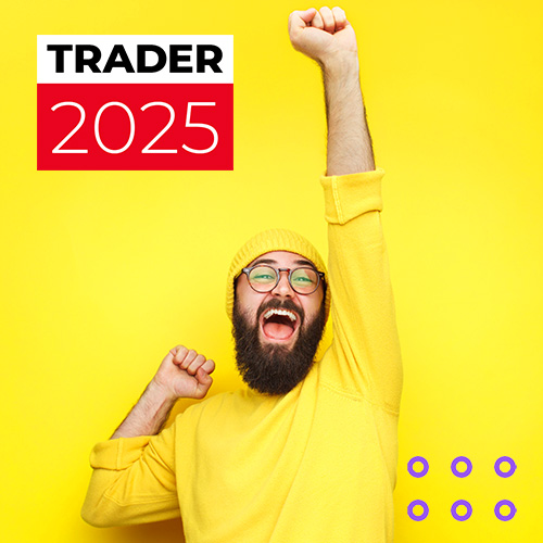 Ein Mann jubelt. Neben ihm ist das Logo von Trader 2025 zu sehen.