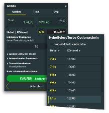 Es sind 2 Screenshots der HebelSelect-Trading Handelsplattform abgebildet.