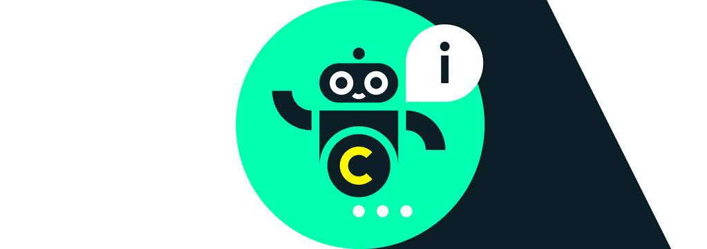 Ein stilisierter lächelnder schwarzer Roboter auf grünem Hintergrund symbolisiert den Robo-Advisor cominvest.