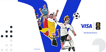 Illustration eines Fu&szlig;ballspielers und jubelnder Fans. Es sind die Logos von Visa und der FIFA sowie der Schriftzug „Worldwide Partner“ zu sehen und der Hinweis „Bis 28.04.“.