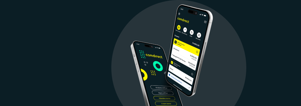 Auf 2 Handys ist die Startseite der comdirect App und ein Kursverlauf zu sehen.