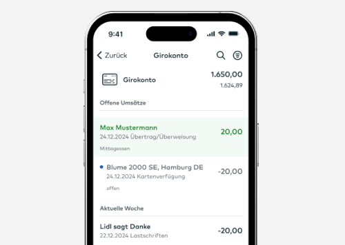 comdirect App: Auf einem Smartphone wird die Umsatzliste angezeigt.