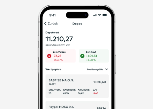 comdirect App: Auf einem Smartphone wird der aktuelle Wert des Depots angezeigt.