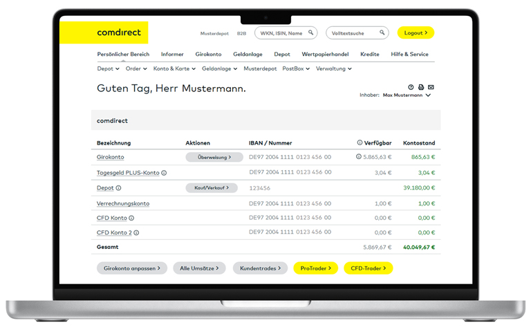 comdirect Handelsplattform: Laptop zeigt Startseite des persönlichen Bereichs des comdirect Depots an.
