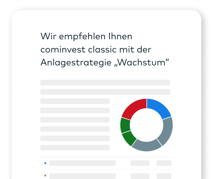 Auf einer stilisierten Webseite sind eine Anlagestrategie sowie das zugehörige Ring-Diagramm abgebildet.