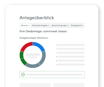 Auf einer stilisierten Webseite ist unter der Überschrift "Anlageüberblick" ein buntes Ring-Diagramm abgebildet.