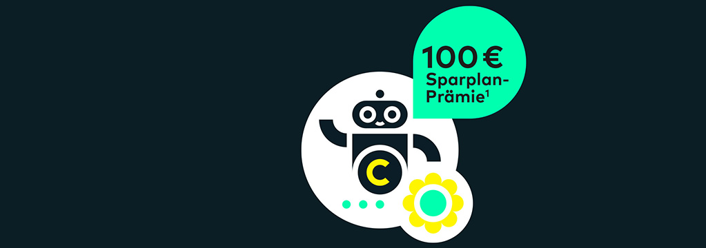 Illustration eines freundlichen Roboters mit Blume und dem Hinweis „100 &euro; Sparplan-Pr&auml;mie Fu&szlig;note 1“. Die Fu&szlig;note wird am Ende der Seite aufgel&ouml;st.