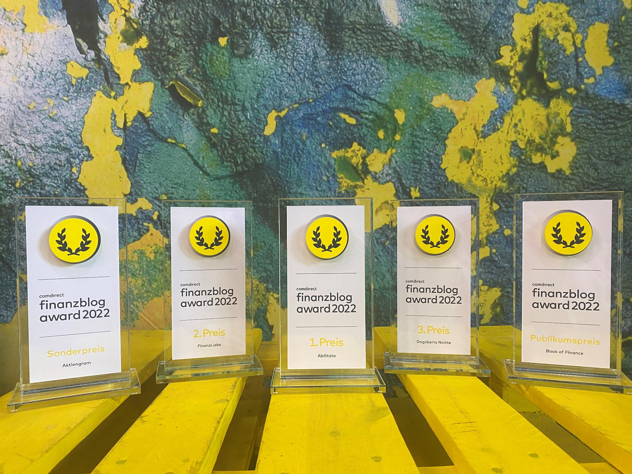 Die 5 Pokale des comdirect finanzblog award 2022 sind abgebildet.