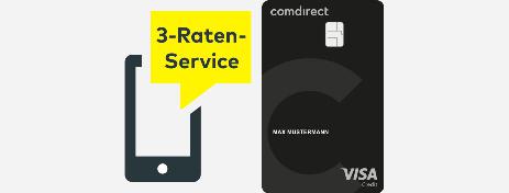 Über einem Smartphone-Icon steht in einer gelben Sprechblase „3-Raten-Service“. Daneben ist eine Visa-Kreditkarte.