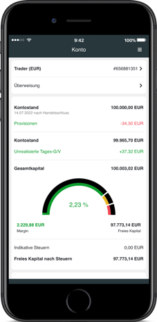 comdirect CFD App: Auf einem Smartphone wird die Kontoübersicht angezeigt.
