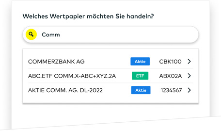 Ein Screenshot der Wertpapiersuche in der Ordermaske: Nach Eingabe von 'Comm' werden drei Treffer angezeigt.